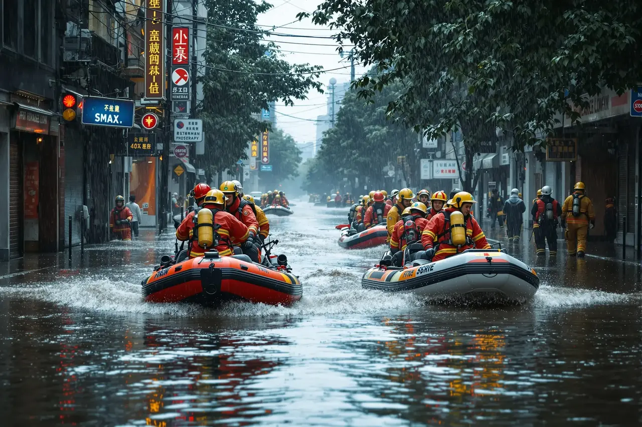 某地突降暴雨引发城市内涝,消防连夜转移被困群众